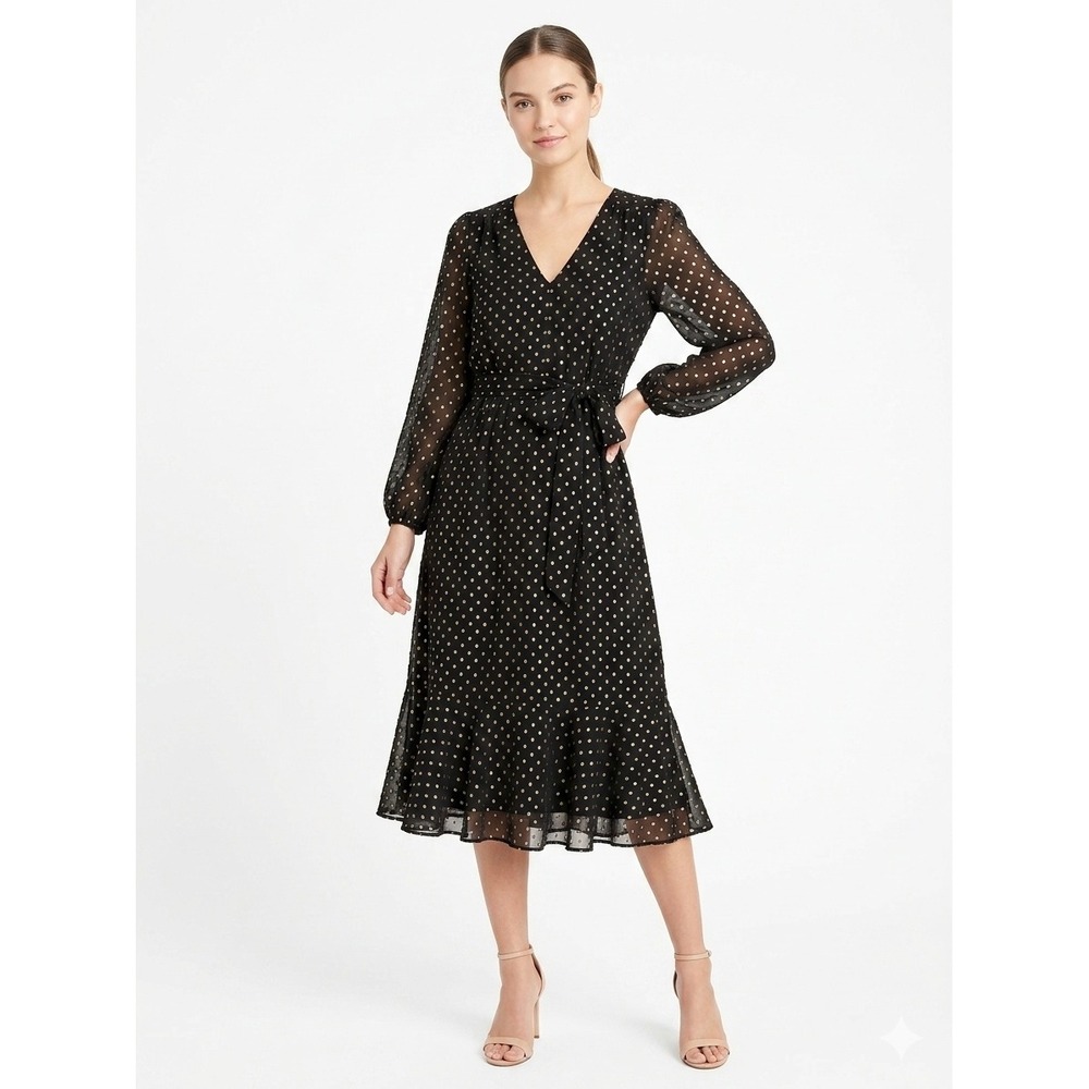 J.Crew Midi Dress‎ Metallic Swiss Dot V-Neck Long Sleeve Black Gold Size 2